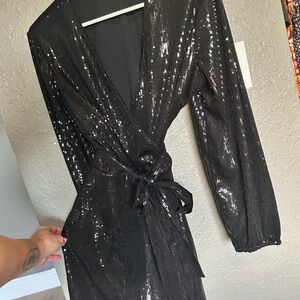 Black Sequin Wrap Dress